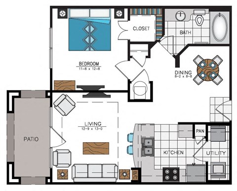 Floor plan for 1 bed, 1 bath, 770 sqft